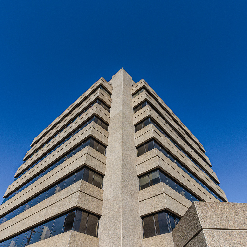 Low angle view of one of the One Twelve Campus towers.