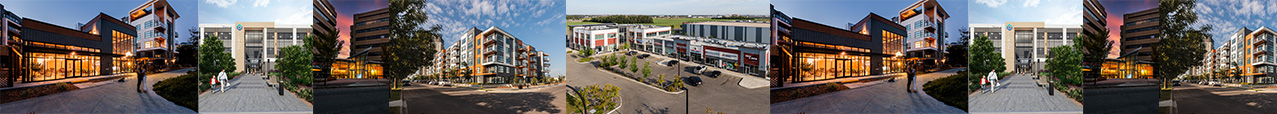 Multiple photos of commercial buildings in a row.