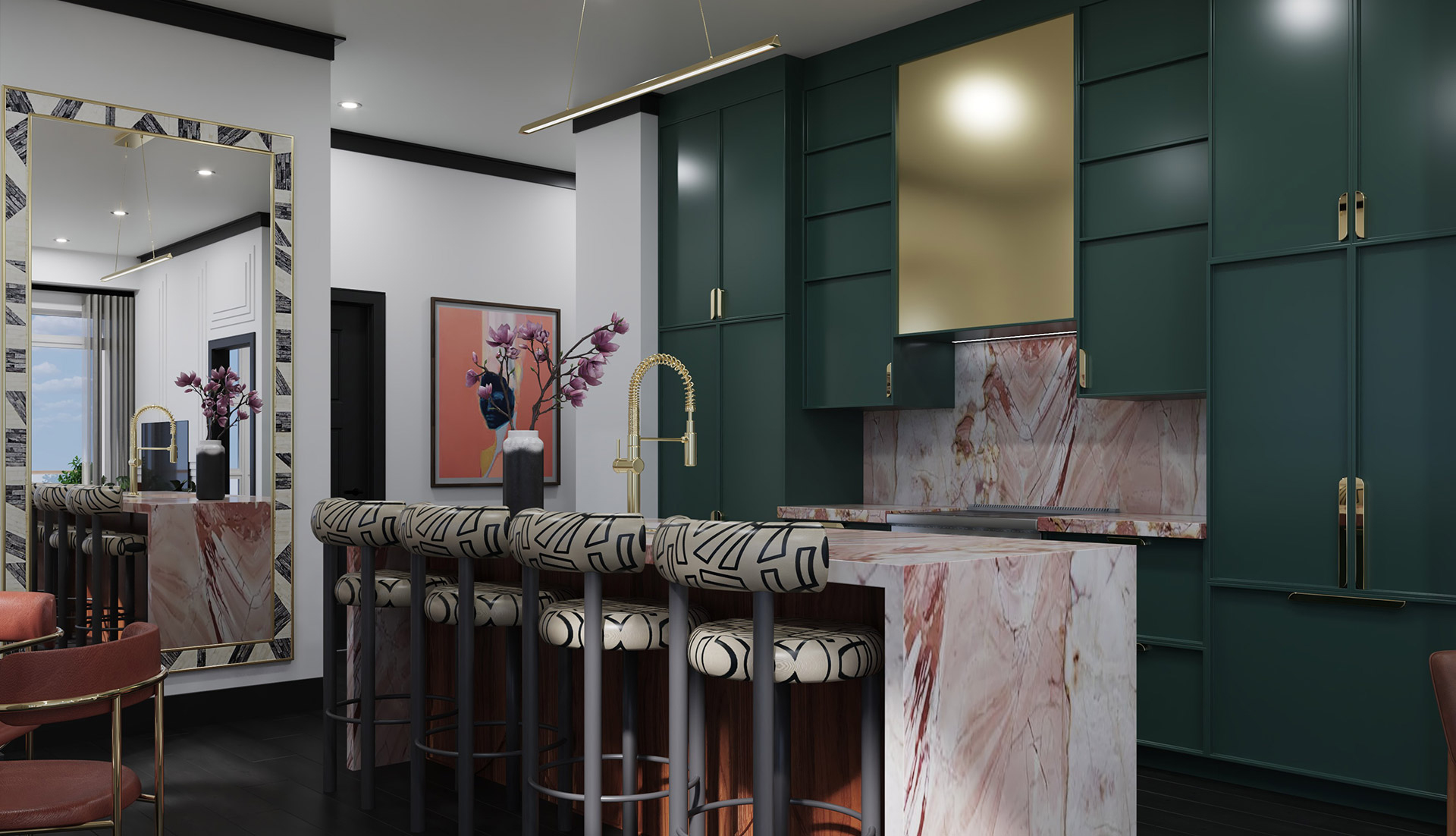 Beautiful interior view of home kitchen with bar stools and green cabinets.